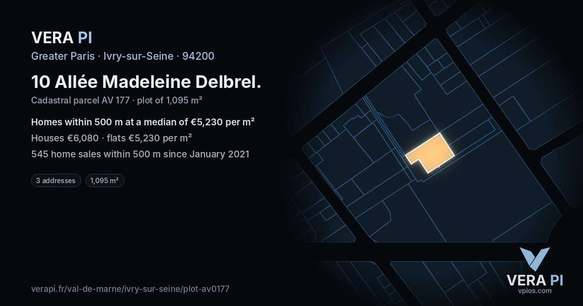 10 Allée Madeleine Delbrel, Ivry-sur-Seine at night – the plot lit, the parcels around coloured by the prices near them