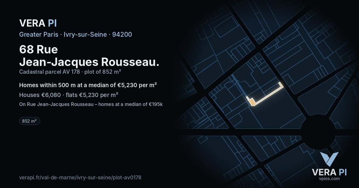 68 Rue Jean-Jacques Rousseau, Ivry-sur-Seine at night – the plot lit, the parcels around coloured by the prices near them