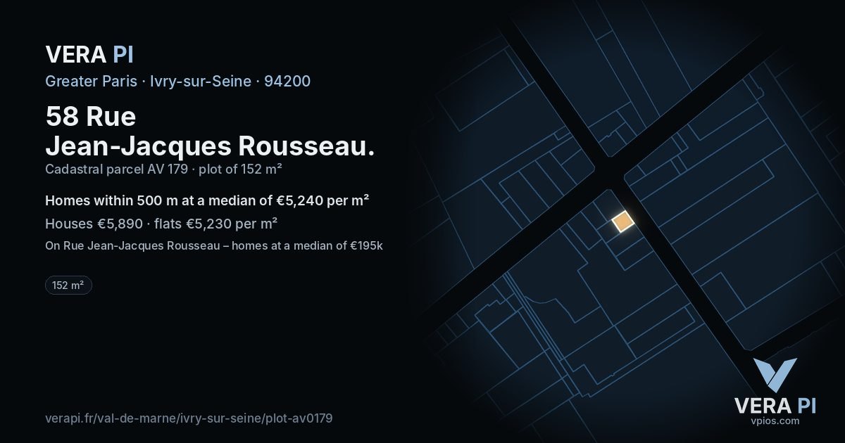 58 Rue Jean-Jacques Rousseau, Ivry-sur-Seine at night – the plot lit, the parcels around coloured by the prices near them