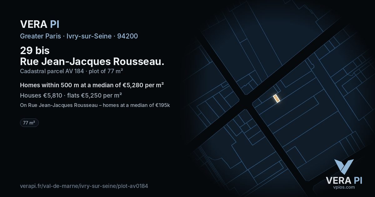 29 bis Rue Jean-Jacques Rousseau, Ivry-sur-Seine at night – the plot lit, the parcels around coloured by the prices near them