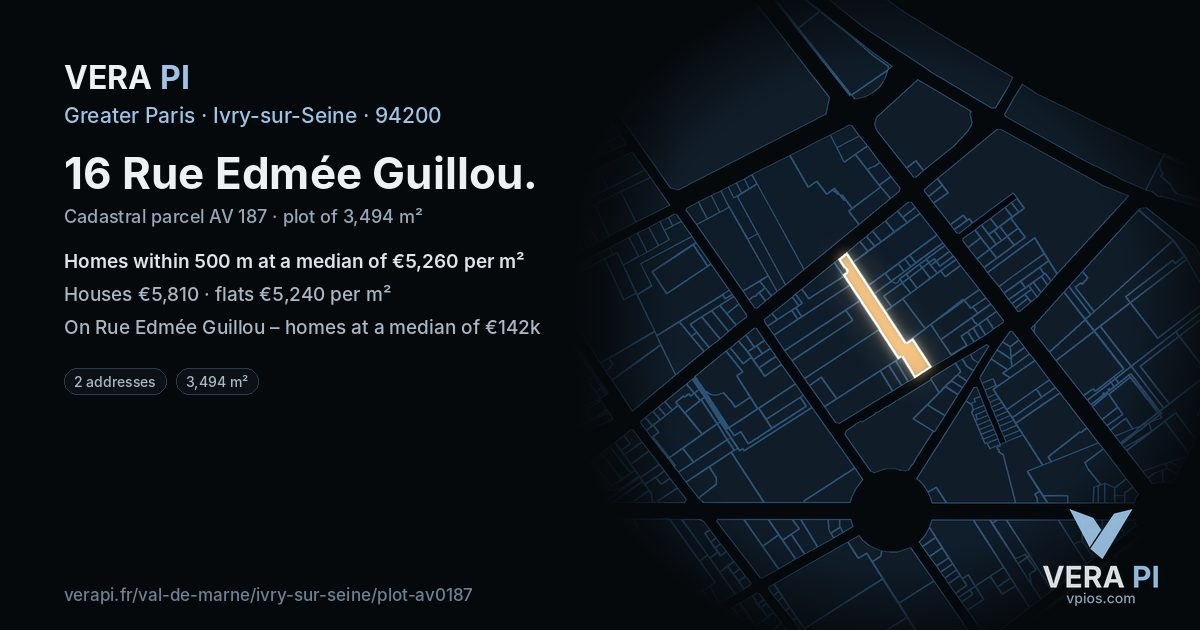 16 Rue Edmée Guillou, Ivry-sur-Seine at night – the plot lit, the parcels around coloured by the prices near them
