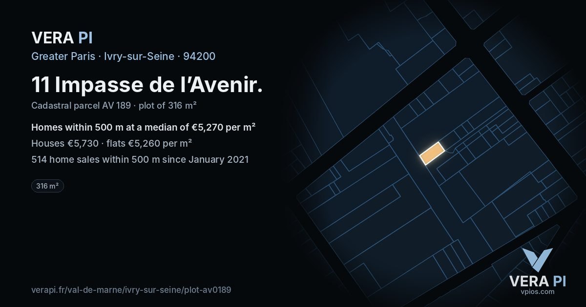 11 Impasse de l’Avenir, Ivry-sur-Seine at night – the plot lit, the parcels around coloured by the prices near them