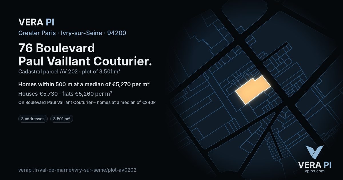 76 Boulevard Paul Vaillant Couturier, Ivry-sur-Seine at night – the plot lit, the parcels around coloured by the prices near them