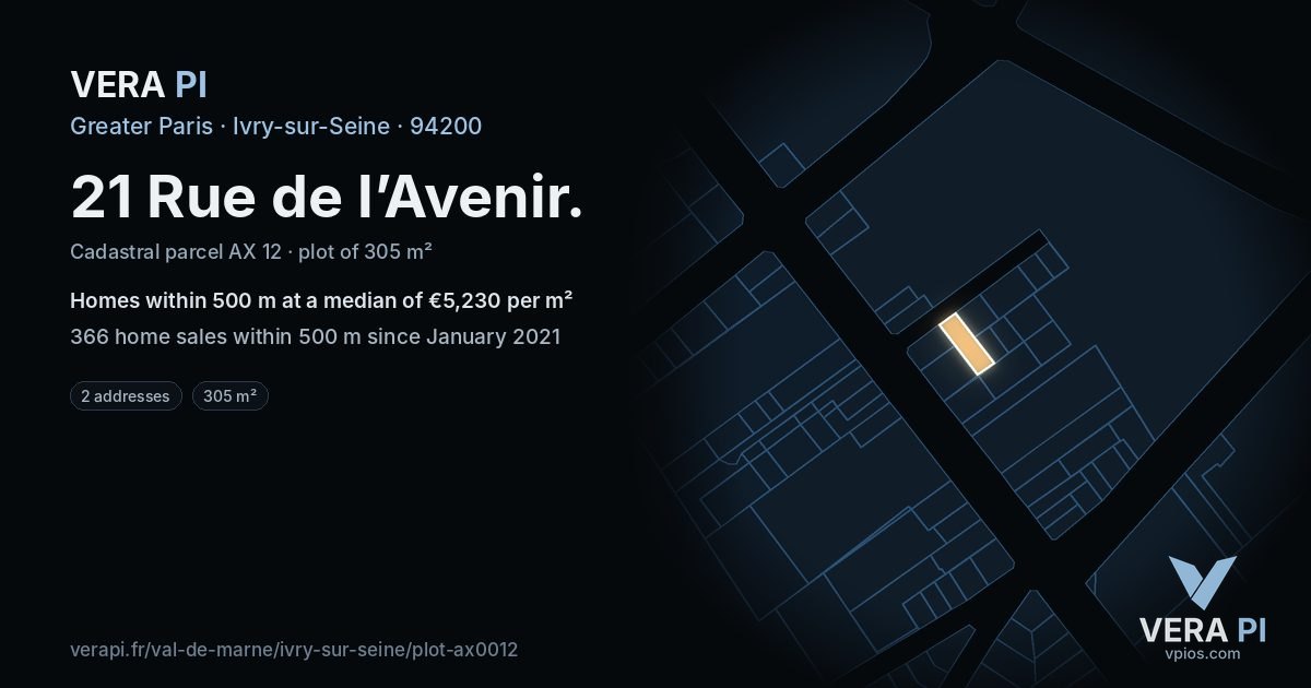 21 Rue de l’Avenir, Ivry-sur-Seine at night – the plot lit, the parcels around coloured by the prices near them