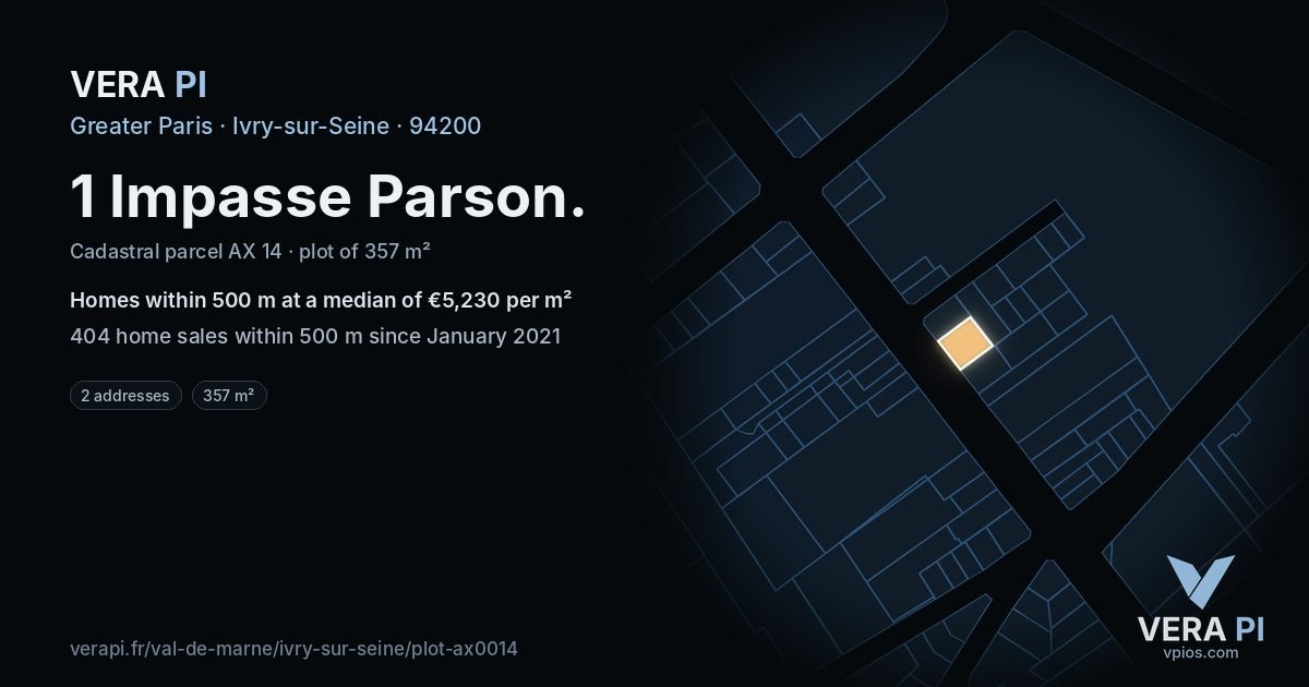 1 Impasse Parson, Ivry-sur-Seine at night – the plot lit, the parcels around coloured by the prices near them