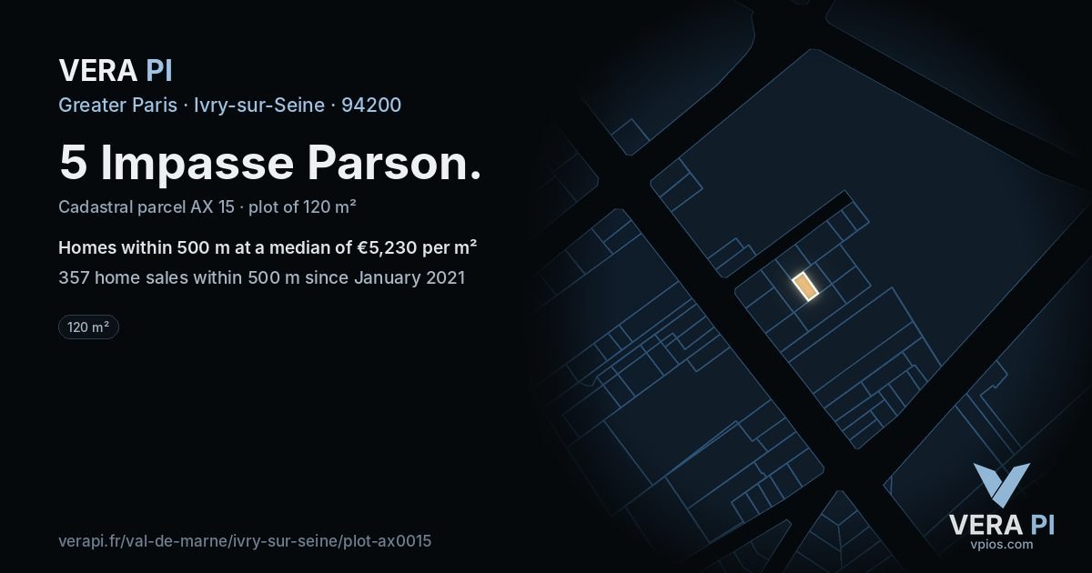 5 Impasse Parson, Ivry-sur-Seine at night – the plot lit, the parcels around coloured by the prices near them