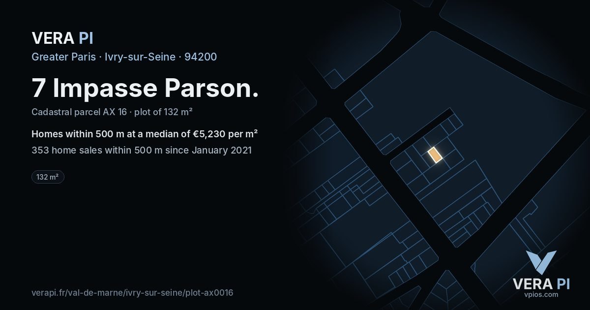 7 Impasse Parson, Ivry-sur-Seine at night – the plot lit, the parcels around coloured by the prices near them