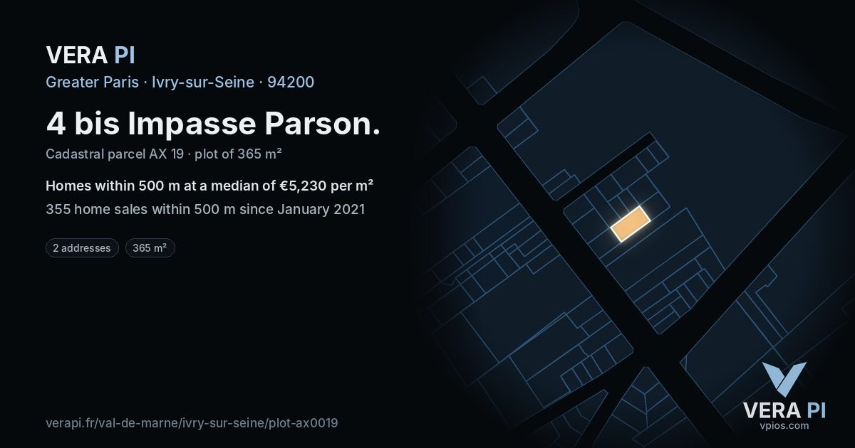4 bis Impasse Parson, Ivry-sur-Seine at night – the plot lit, the parcels around coloured by the prices near them