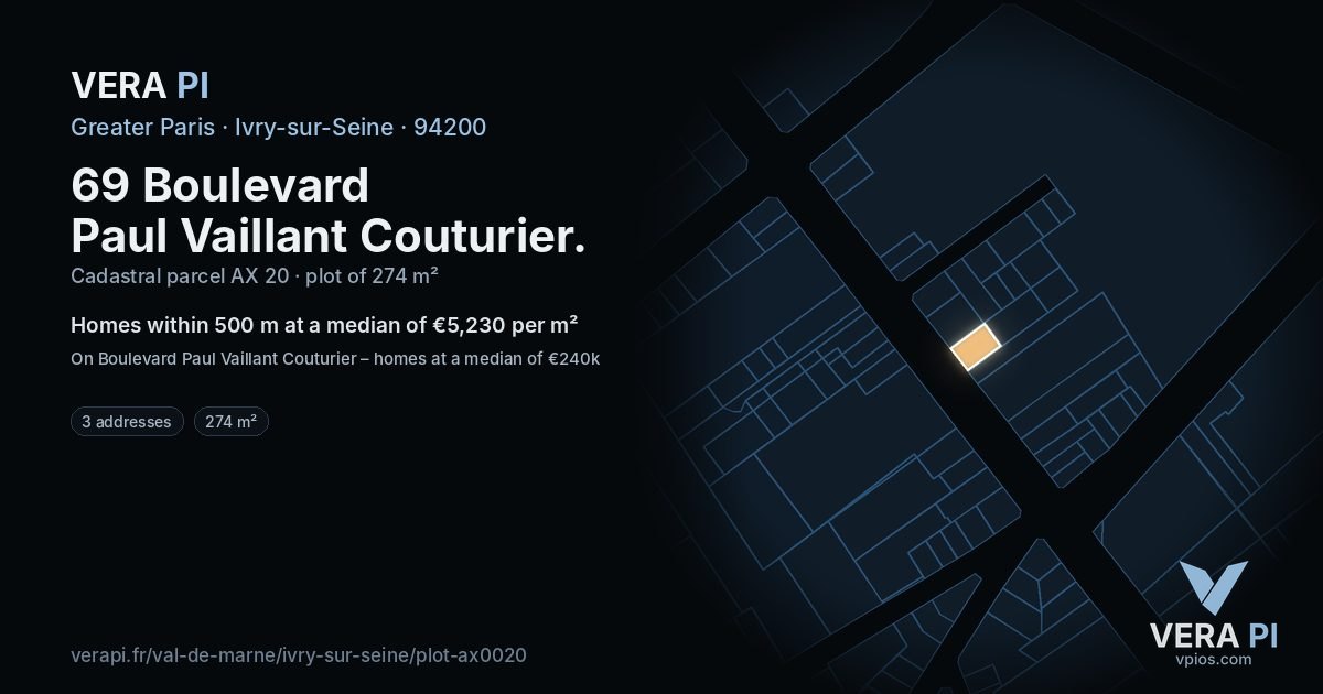 69 Boulevard Paul Vaillant Couturier, Ivry-sur-Seine at night – the plot lit, the parcels around coloured by the prices near them