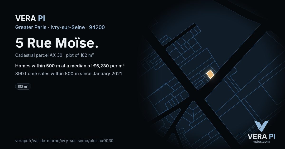 5 Rue Moïse, Ivry-sur-Seine at night – the plot lit, the parcels around coloured by the prices near them