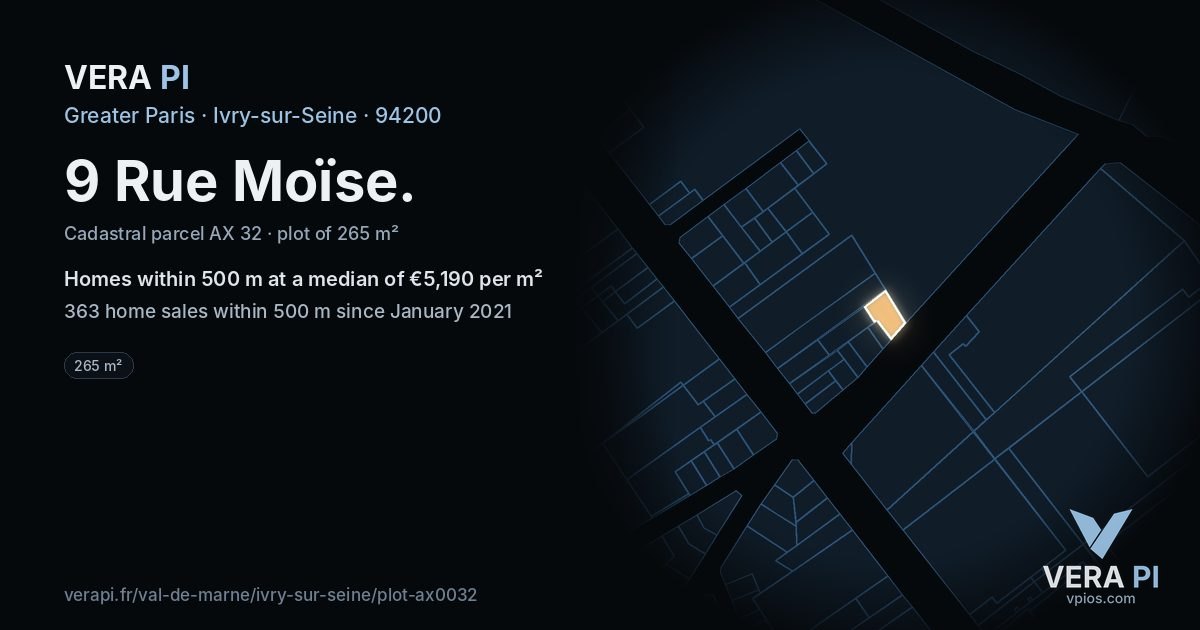 9 Rue Moïse, Ivry-sur-Seine at night – the plot lit, the parcels around coloured by the prices near them