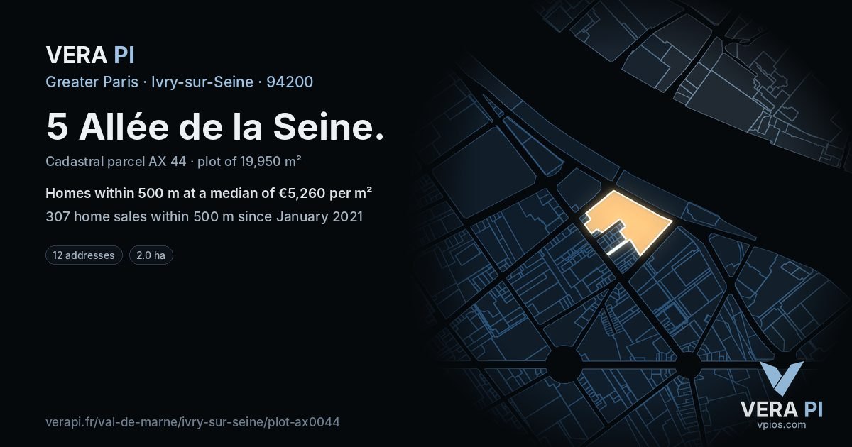 5 Allée de la Seine, Ivry-sur-Seine at night – the plot lit, the parcels around coloured by the prices near them