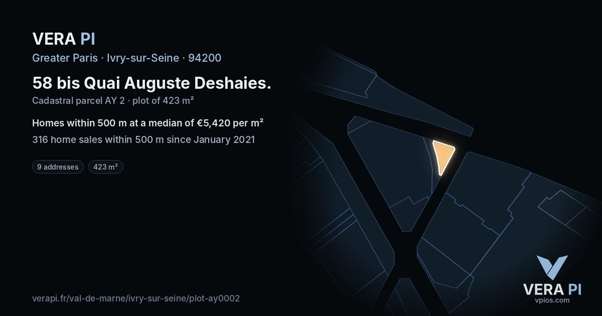 58 bis Quai Auguste Deshaies, Ivry-sur-Seine at night – the plot lit, the parcels around coloured by the prices near them