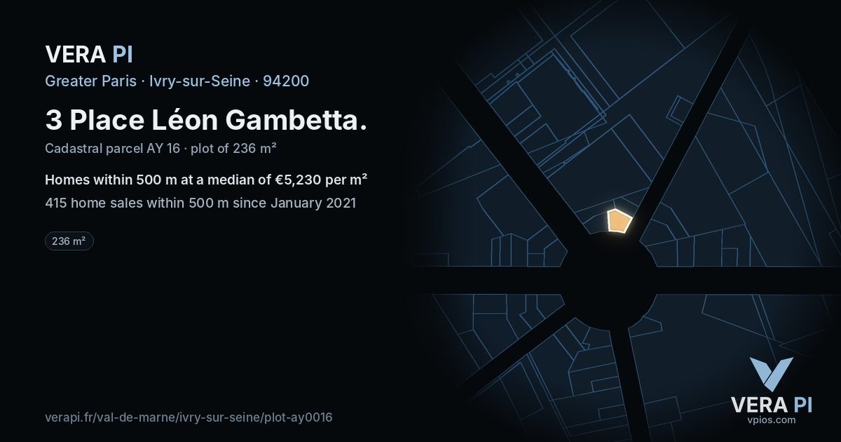 3 Place Léon Gambetta, Ivry-sur-Seine at night – the plot lit, the parcels around coloured by the prices near them