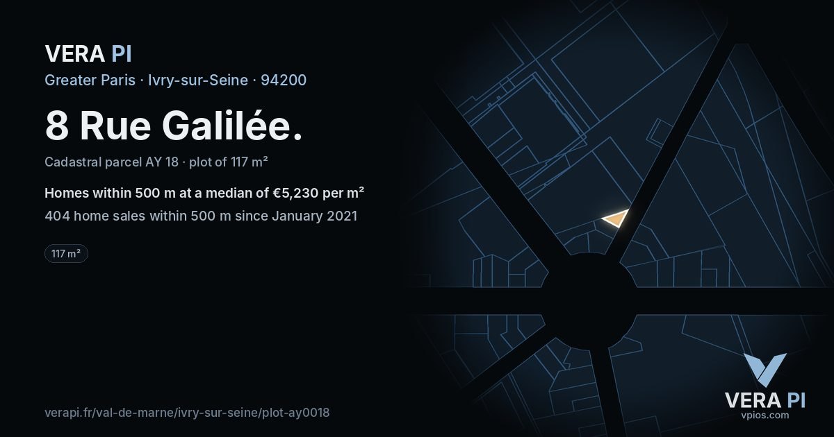 8 Rue Galilée, Ivry-sur-Seine at night – the plot lit, the parcels around coloured by the prices near them