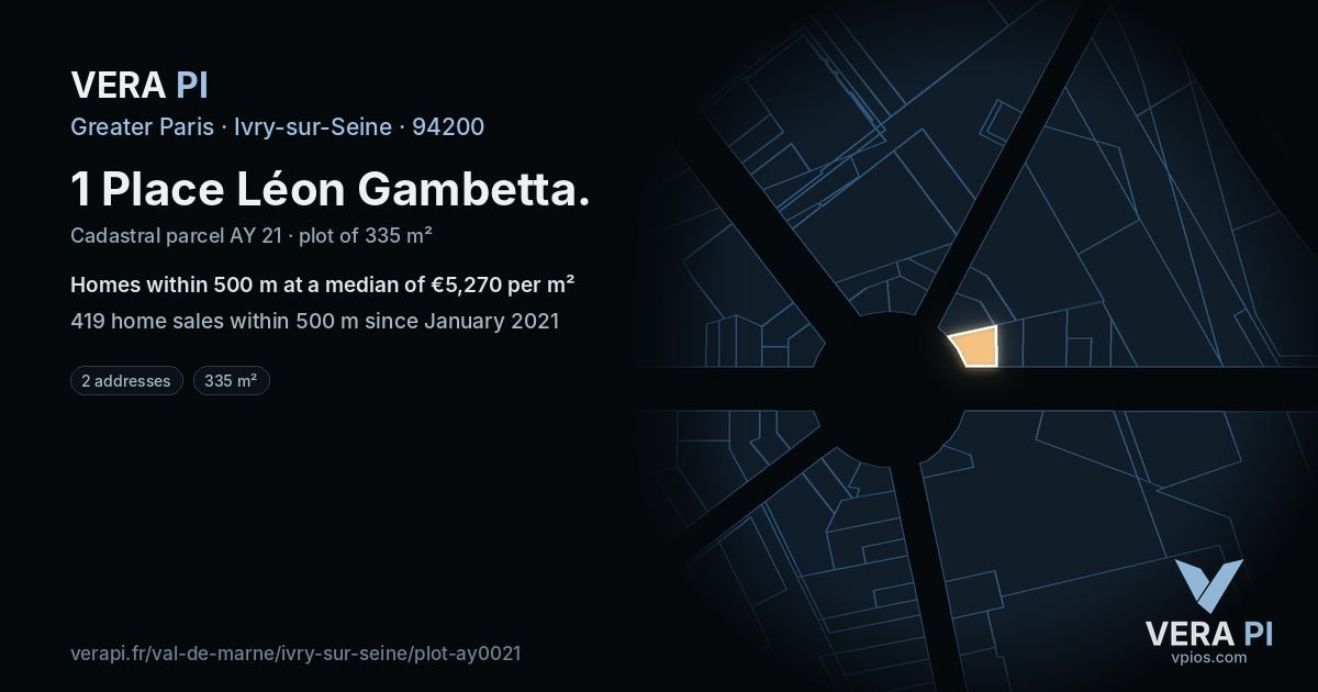 1 Place Léon Gambetta, Ivry-sur-Seine at night – the plot lit, the parcels around coloured by the prices near them