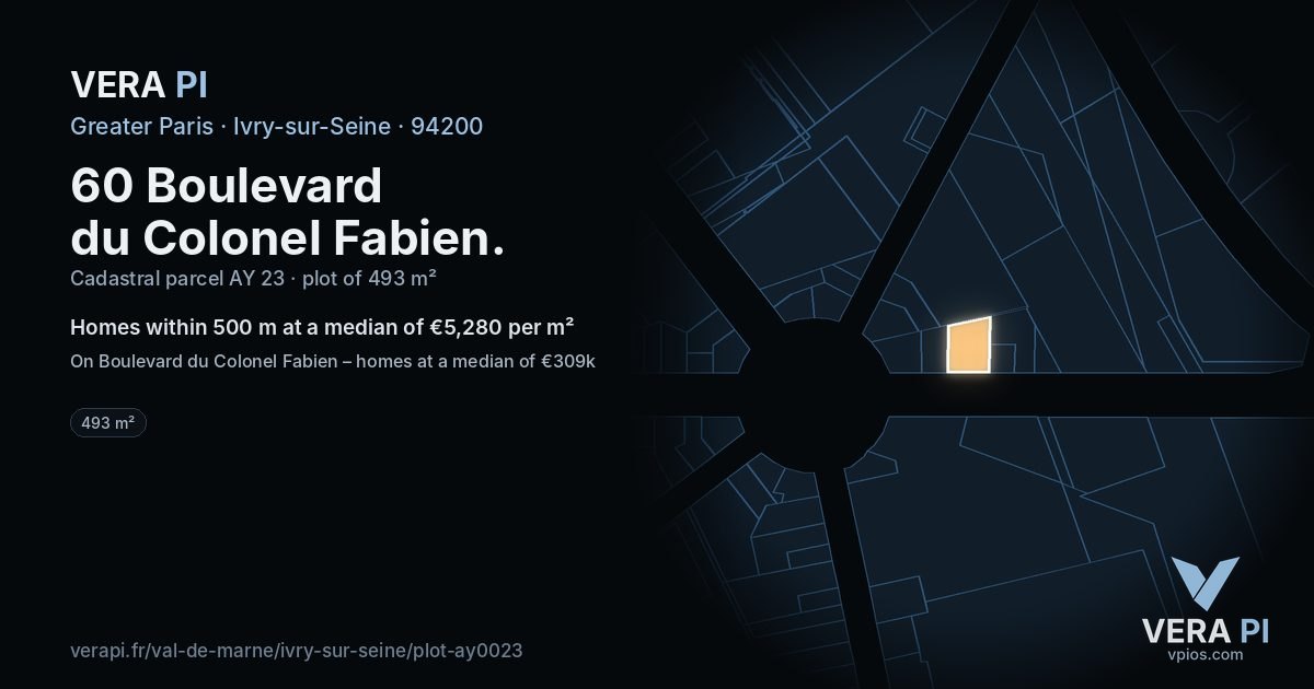 60 Boulevard du Colonel Fabien, Ivry-sur-Seine at night – the plot lit, the parcels around coloured by the prices near them