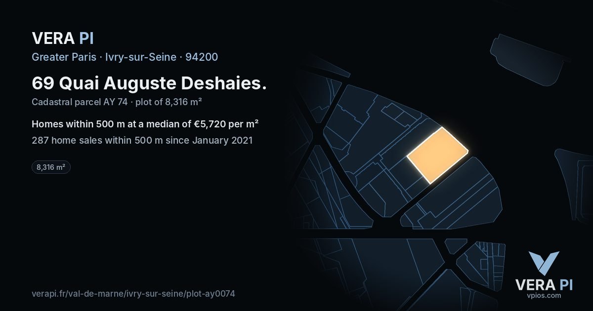 69 Quai Auguste Deshaies, Ivry-sur-Seine at night – the plot lit, the parcels around coloured by the prices near them