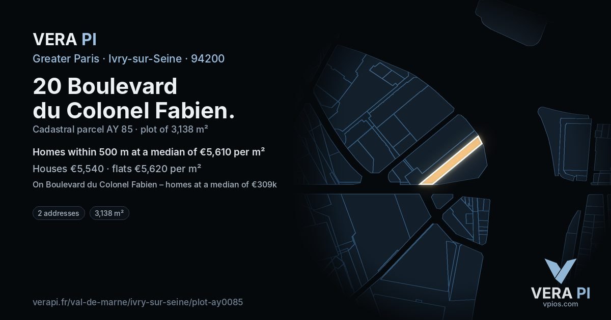 20 Boulevard du Colonel Fabien, Ivry-sur-Seine at night – the plot lit, the parcels around coloured by the prices near them