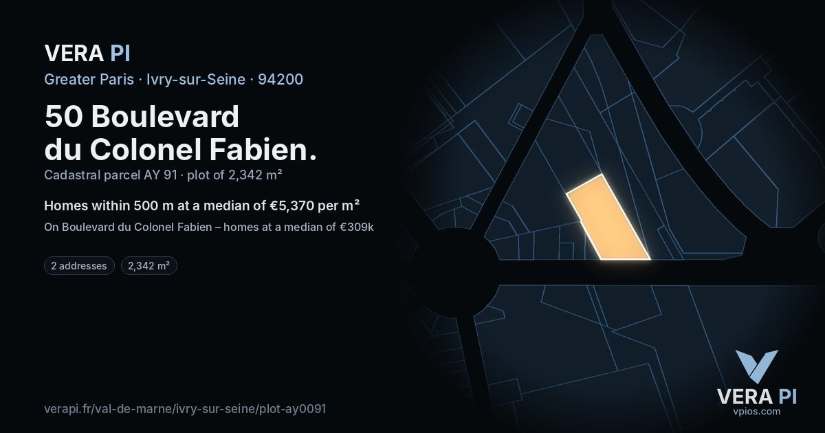 50 Boulevard du Colonel Fabien, Ivry-sur-Seine at night – the plot lit, the parcels around coloured by the prices near them