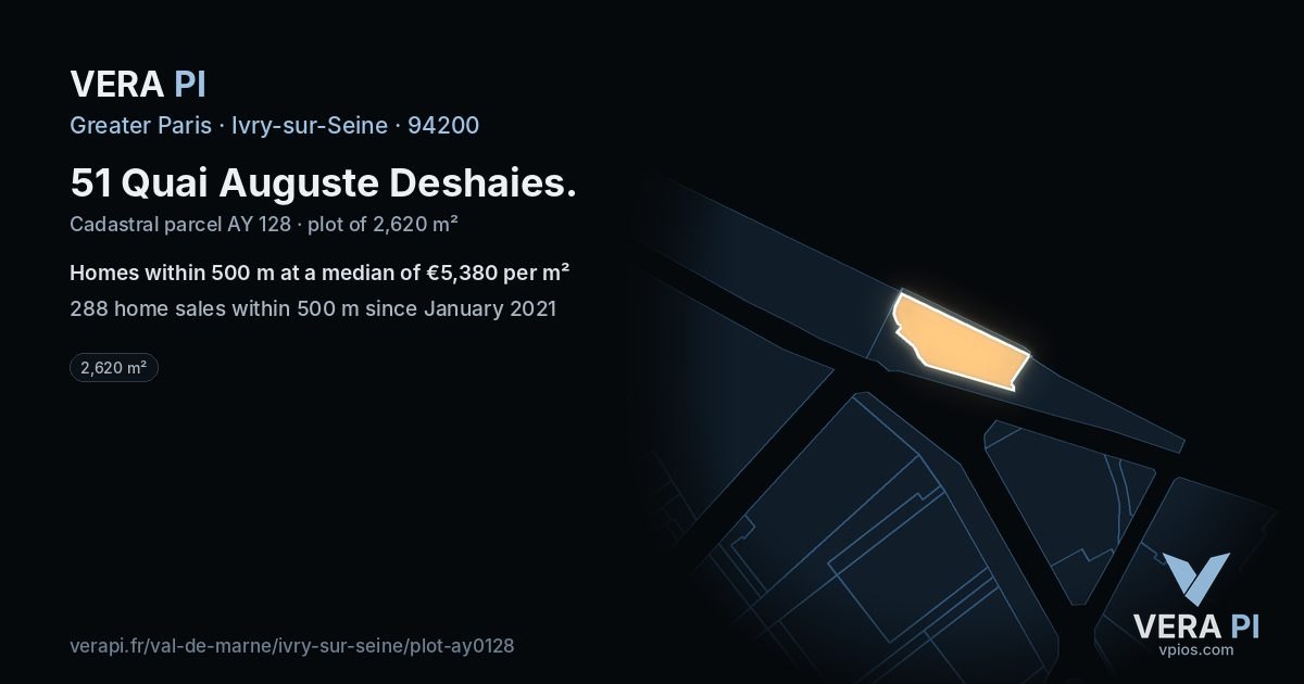 51 Quai Auguste Deshaies, Ivry-sur-Seine at night – the plot lit, the parcels around coloured by the prices near them