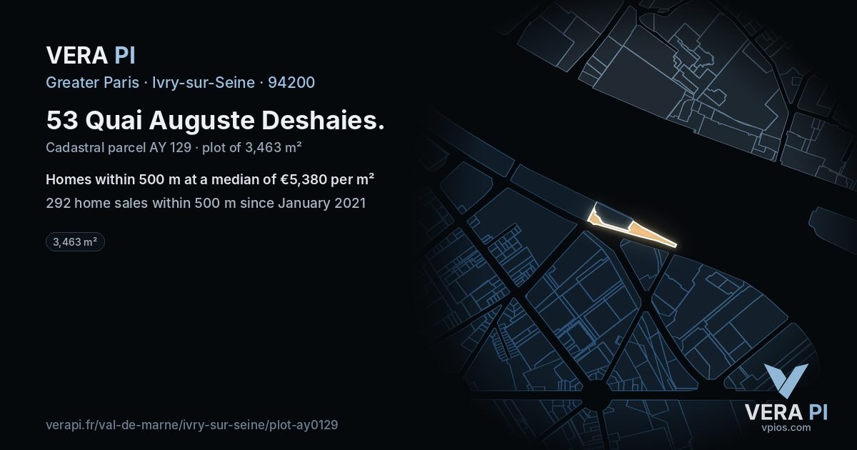 53 Quai Auguste Deshaies, Ivry-sur-Seine at night – the plot lit, the parcels around coloured by the prices near them