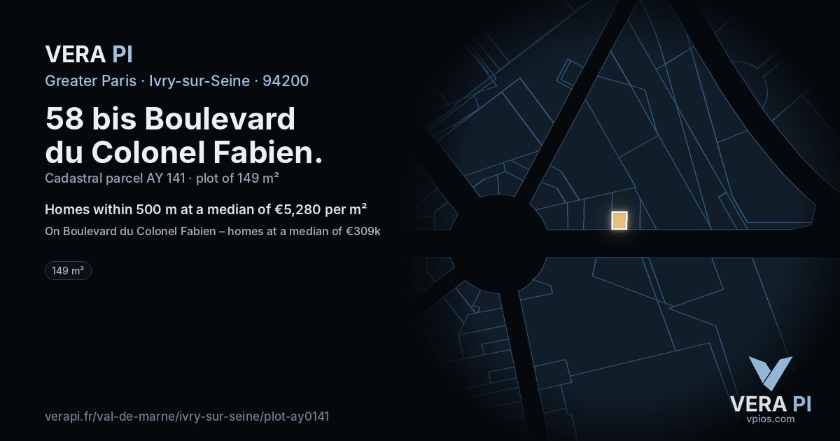 58 bis Boulevard du Colonel Fabien, Ivry-sur-Seine at night – the plot lit, the parcels around coloured by the prices near them