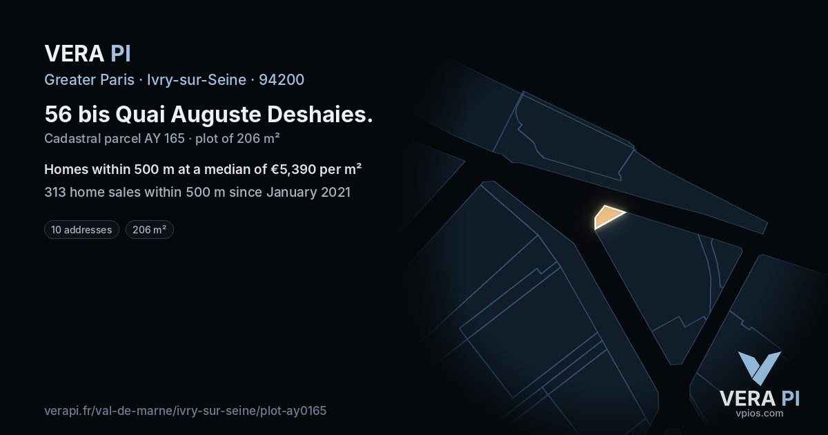 56 bis Quai Auguste Deshaies, Ivry-sur-Seine at night – the plot lit, the parcels around coloured by the prices near them
