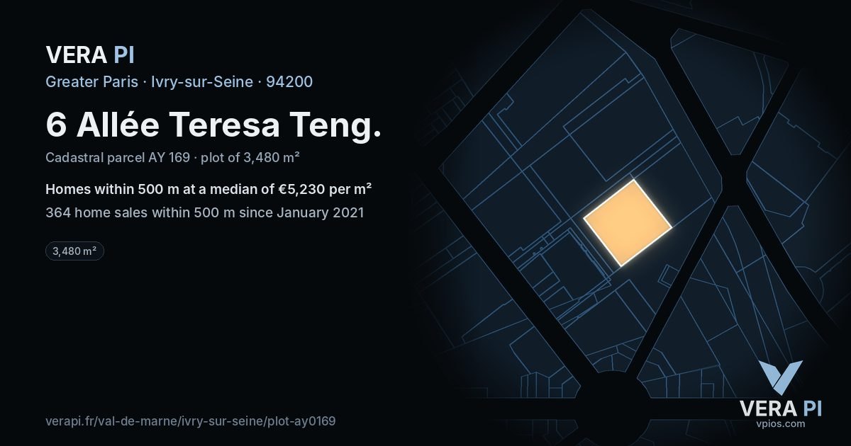 6 Allée Teresa Teng, Ivry-sur-Seine at night – the plot lit, the parcels around coloured by the prices near them
