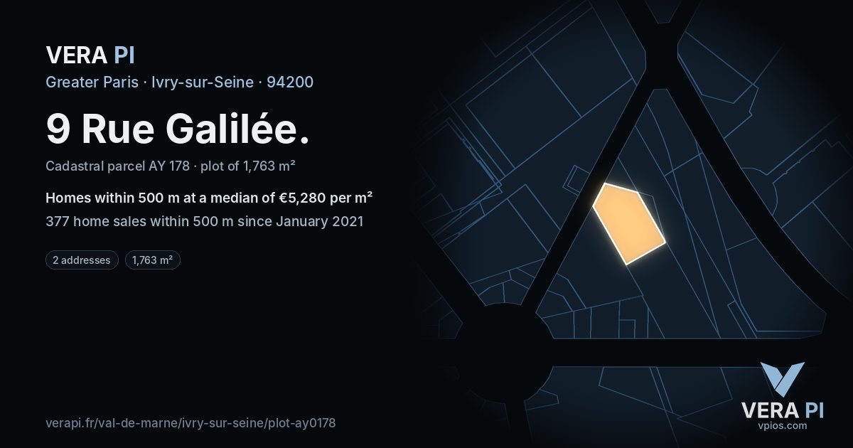 9 Rue Galilée, Ivry-sur-Seine at night – the plot lit, the parcels around coloured by the prices near them