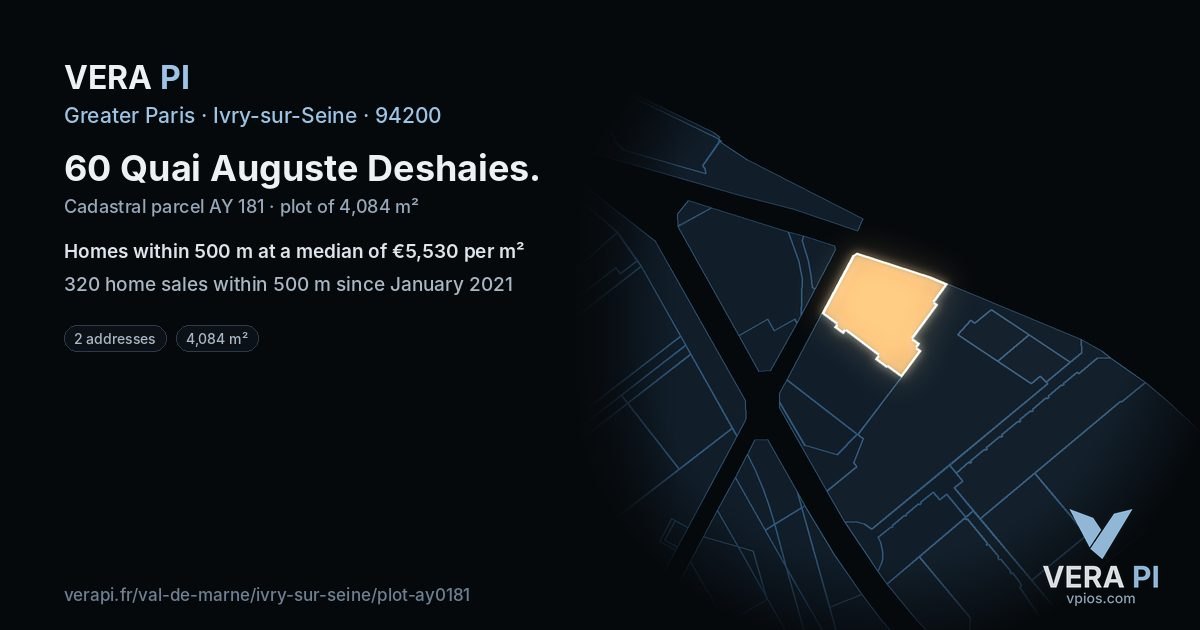 60 Quai Auguste Deshaies, Ivry-sur-Seine at night – the plot lit, the parcels around coloured by the prices near them