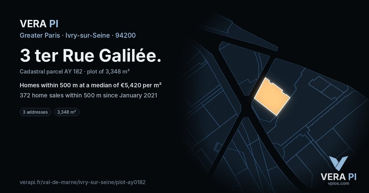 3 ter Rue Galilée, Ivry-sur-Seine at night – the plot lit, the parcels around coloured by the prices near them