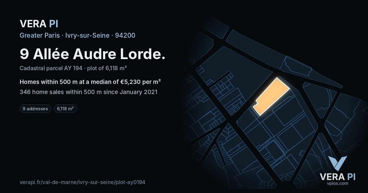 9 Allée Audre Lorde, Ivry-sur-Seine at night – the plot lit, the parcels around coloured by the prices near them