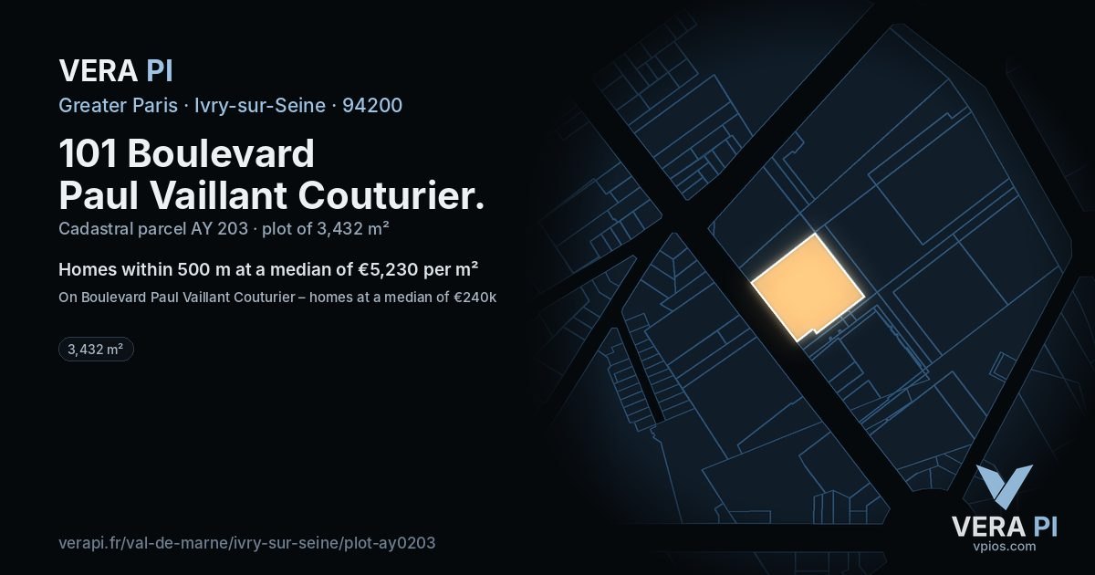 101 Boulevard Paul Vaillant Couturier, Ivry-sur-Seine at night – the plot lit, the parcels around coloured by the prices near them
