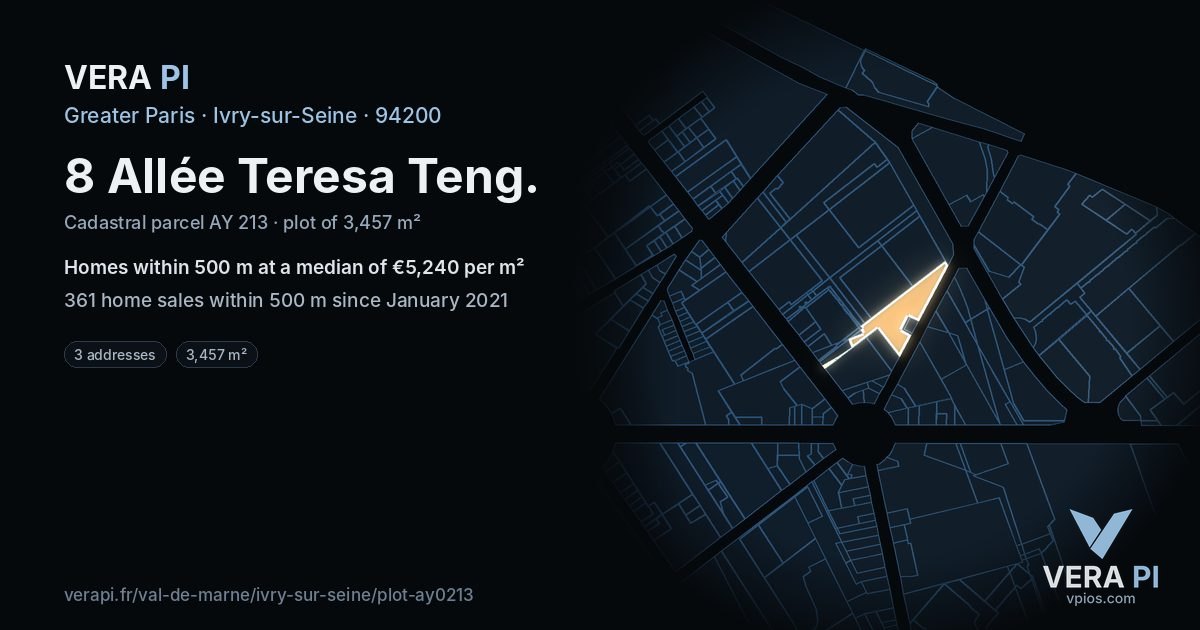 8 Allée Teresa Teng, Ivry-sur-Seine at night – the plot lit, the parcels around coloured by the prices near them
