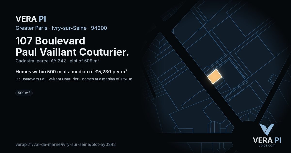107 Boulevard Paul Vaillant Couturier, Ivry-sur-Seine at night – the plot lit, the parcels around coloured by the prices near them