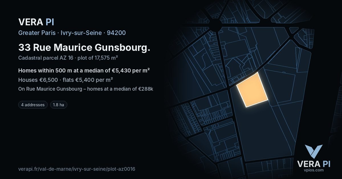 33 Rue Maurice Gunsbourg, Ivry-sur-Seine at night – the plot lit, the parcels around coloured by the prices near them