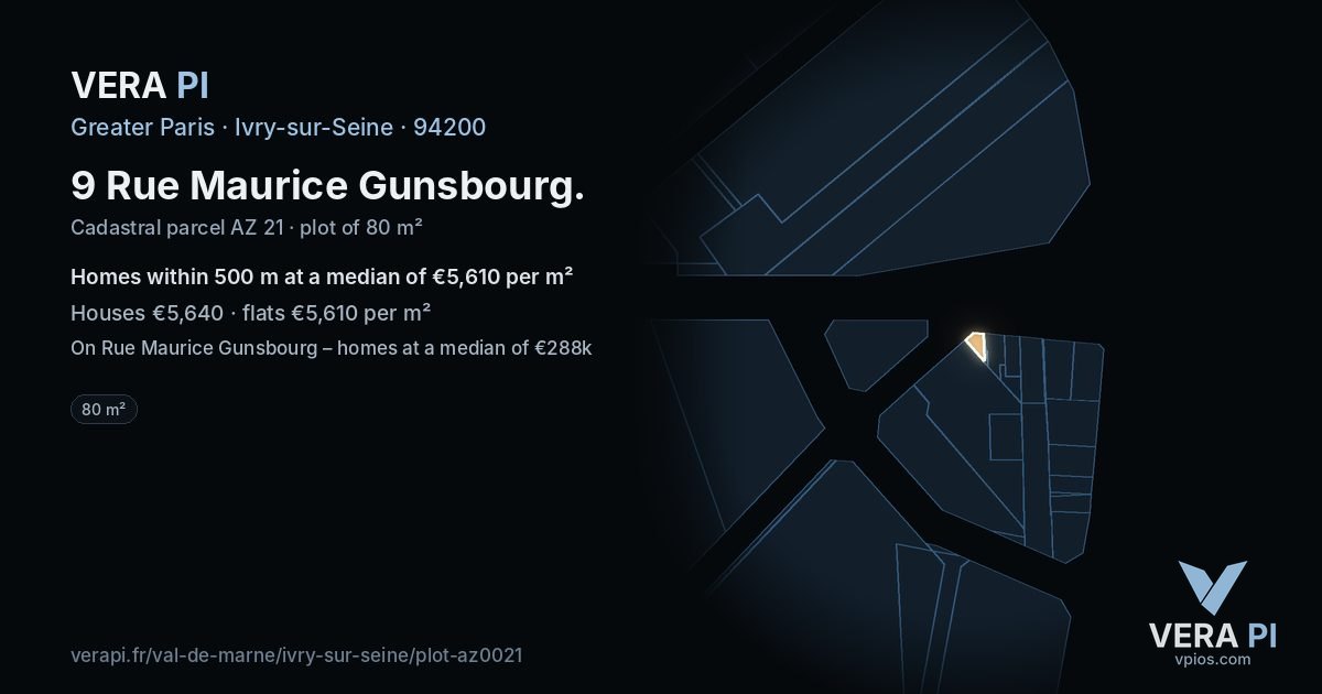 9 Rue Maurice Gunsbourg, Ivry-sur-Seine at night – the plot lit, the parcels around coloured by the prices near them