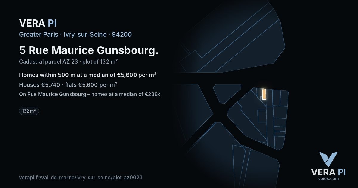 5 Rue Maurice Gunsbourg, Ivry-sur-Seine at night – the plot lit, the parcels around coloured by the prices near them