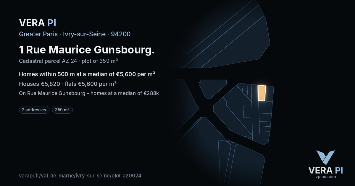 1 Rue Maurice Gunsbourg, Ivry-sur-Seine at night – the plot lit, the parcels around coloured by the prices near them