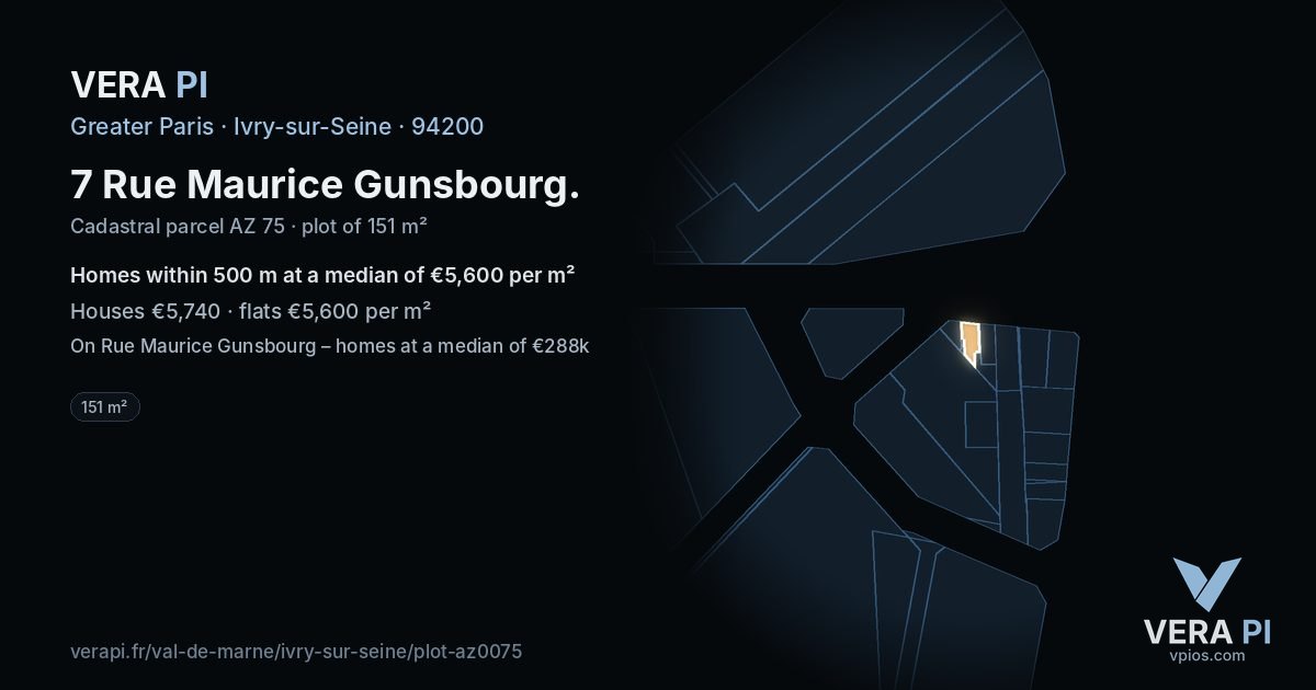 7 Rue Maurice Gunsbourg, Ivry-sur-Seine at night – the plot lit, the parcels around coloured by the prices near them