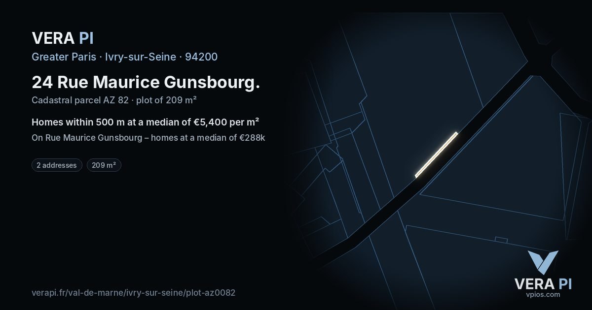 24 Rue Maurice Gunsbourg, Ivry-sur-Seine at night – the plot lit, the parcels around coloured by the prices near them