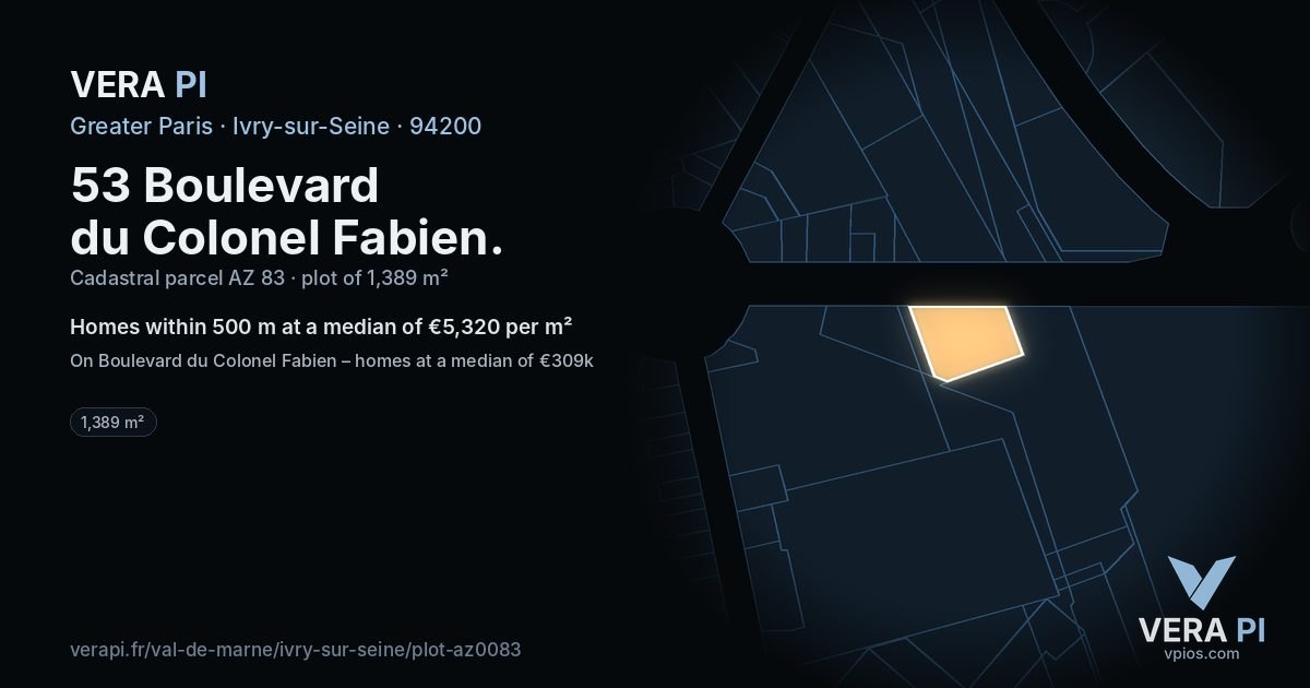 53 Boulevard du Colonel Fabien, Ivry-sur-Seine at night – the plot lit, the parcels around coloured by the prices near them