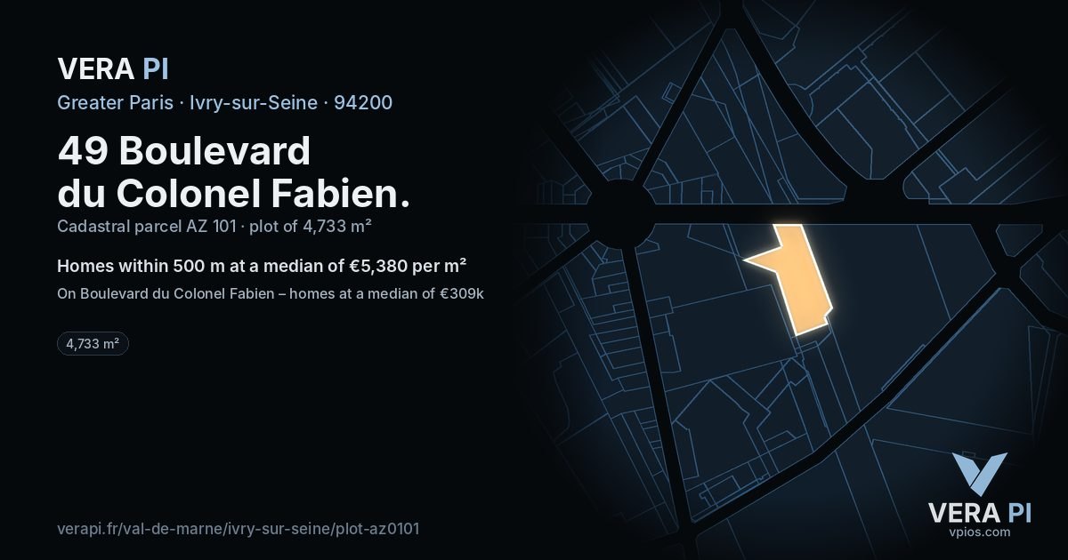 49 Boulevard du Colonel Fabien, Ivry-sur-Seine at night – the plot lit, the parcels around coloured by the prices near them