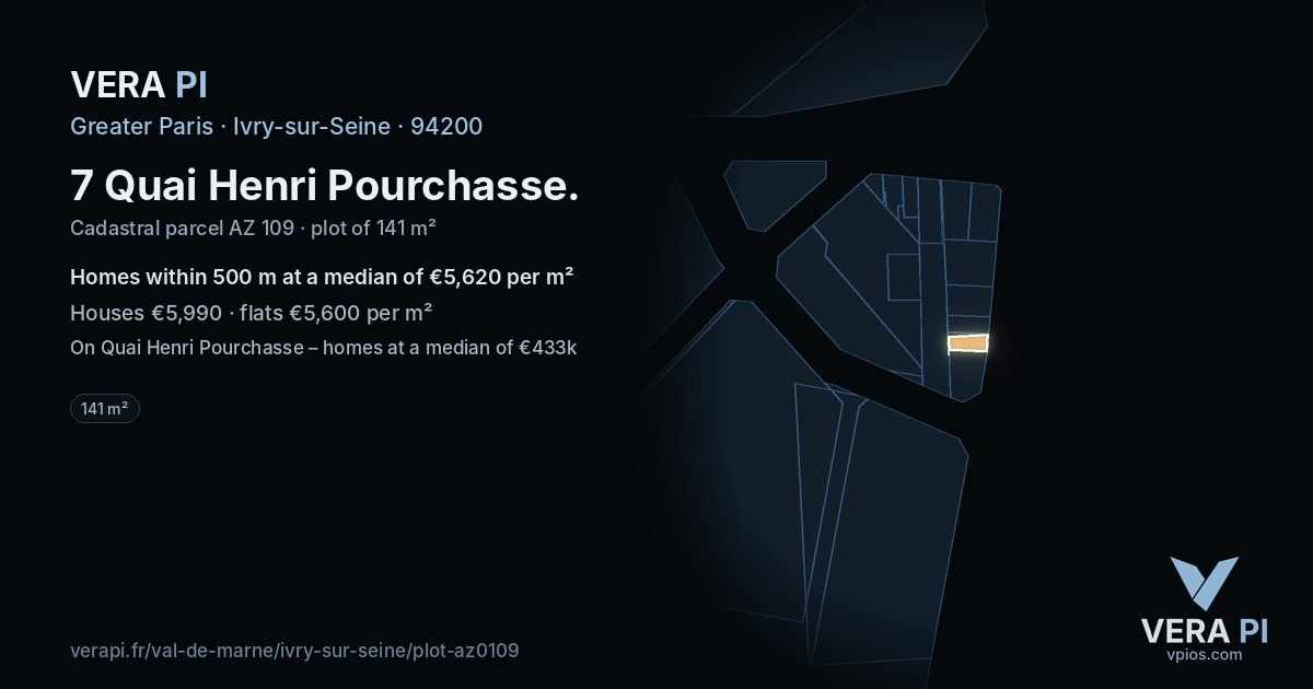 7 Quai Henri Pourchasse, Ivry-sur-Seine at night – the plot lit, the parcels around coloured by the prices near them