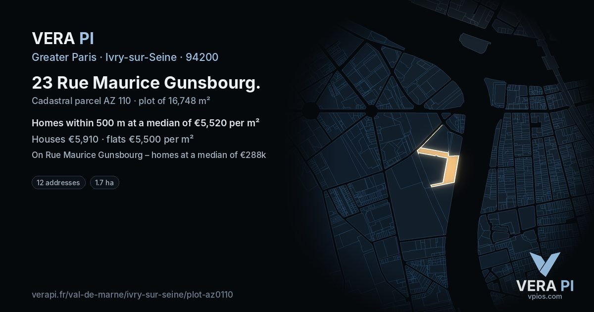 23 Rue Maurice Gunsbourg, Ivry-sur-Seine at night – the plot lit, the parcels around coloured by the prices near them