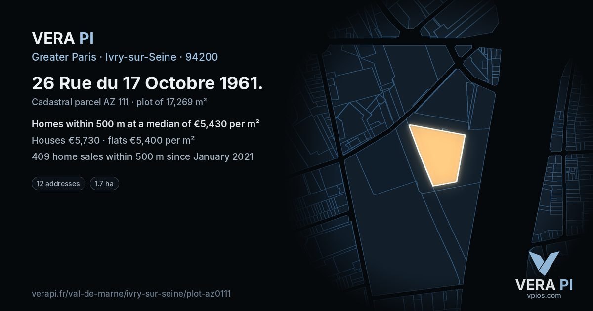 26 Rue du 17 Octobre 1961, Ivry-sur-Seine at night – the plot lit, the parcels around coloured by the prices near them