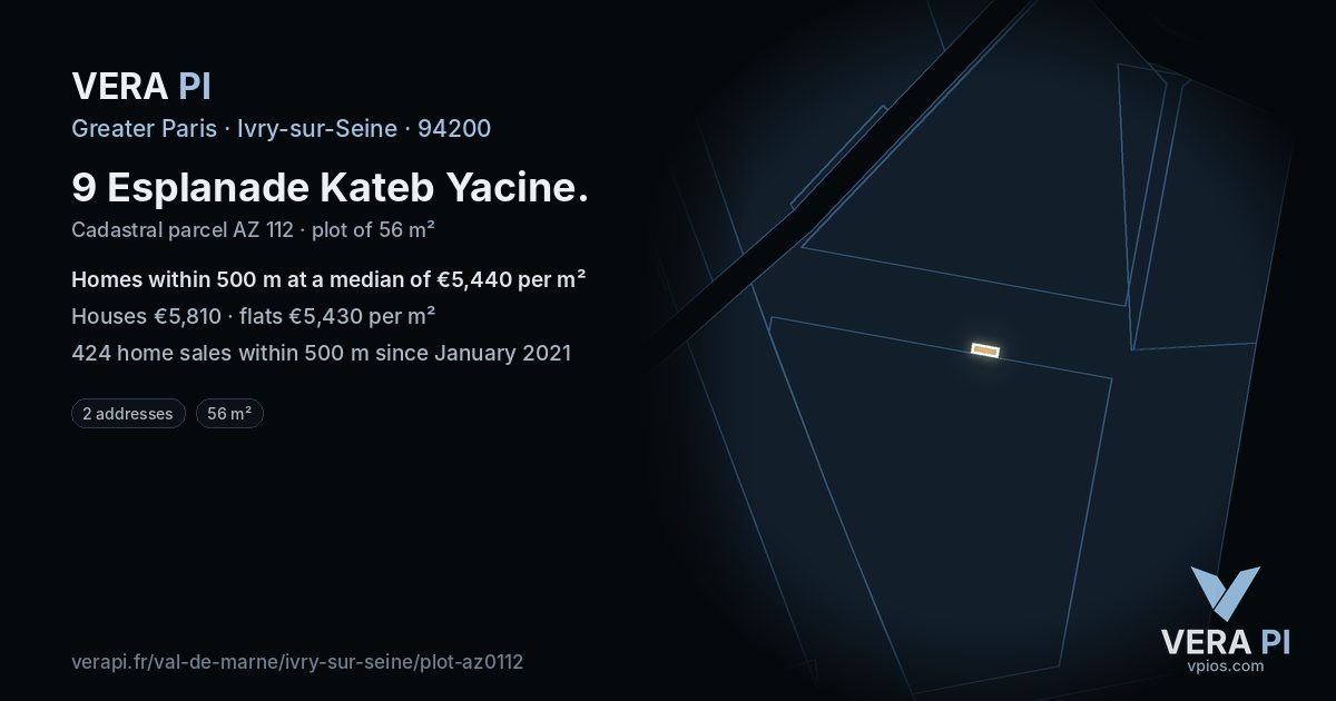 9 Esplanade Kateb Yacine, Ivry-sur-Seine at night – the plot lit, the parcels around coloured by the prices near them