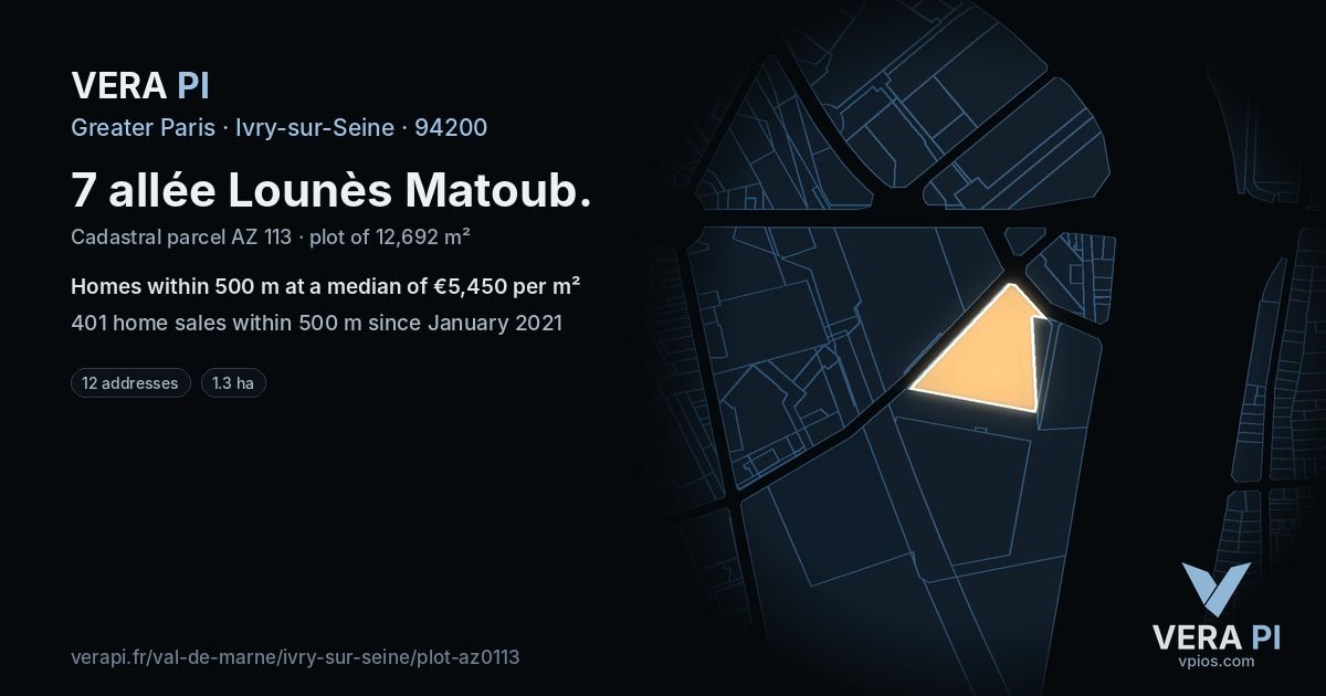 7 allée Lounès Matoub, Ivry-sur-Seine at night – the plot lit, the parcels around coloured by the prices near them