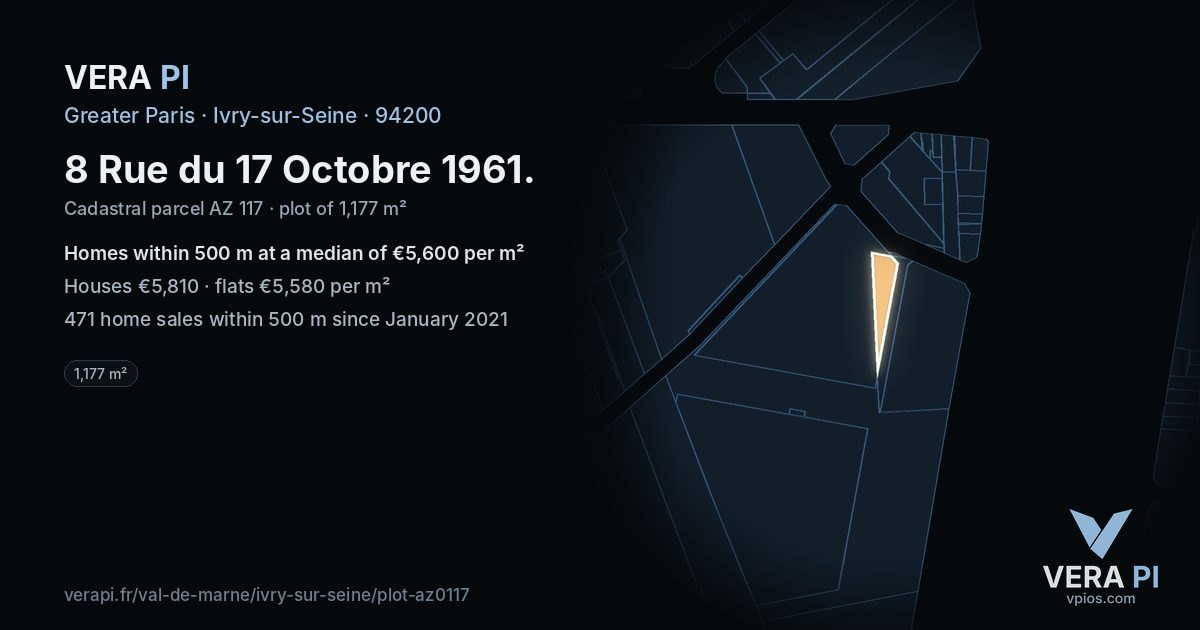 8 Rue du 17 Octobre 1961, Ivry-sur-Seine at night – the plot lit, the parcels around coloured by the prices near them